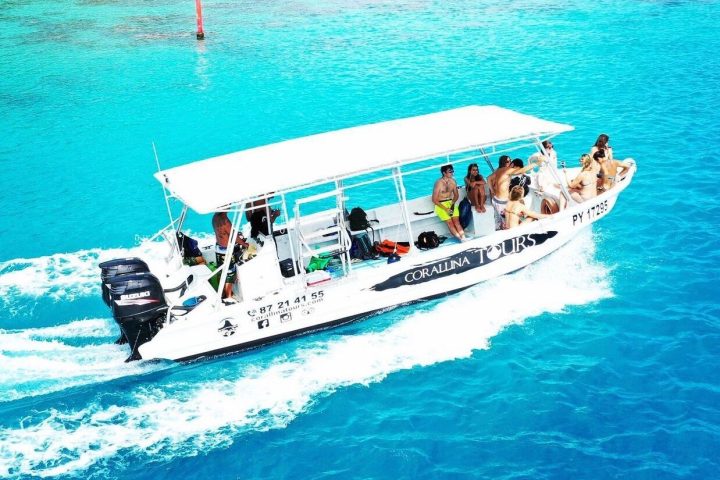 a blue and white boat floating on a body of water